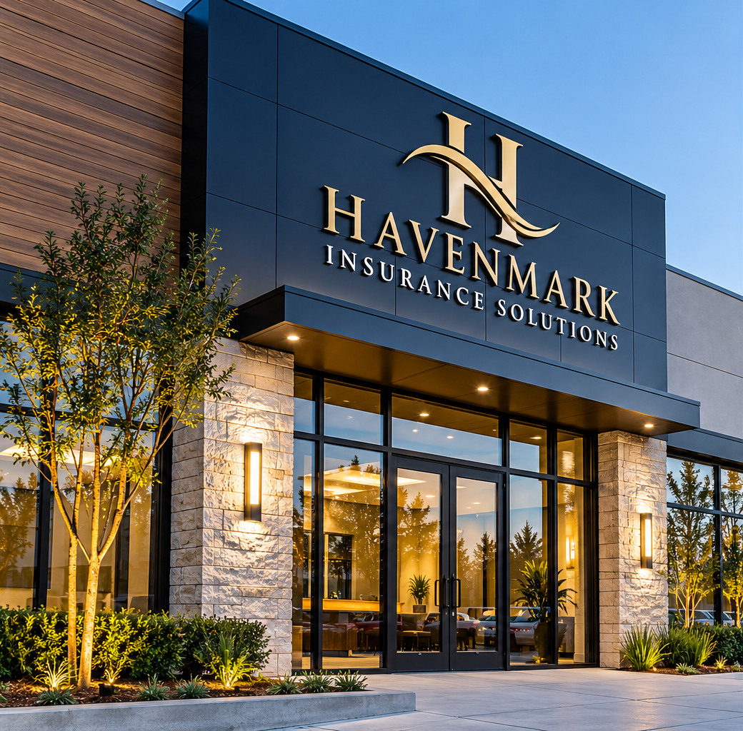 Havenmark architectural office signage with illuminated gold lettering